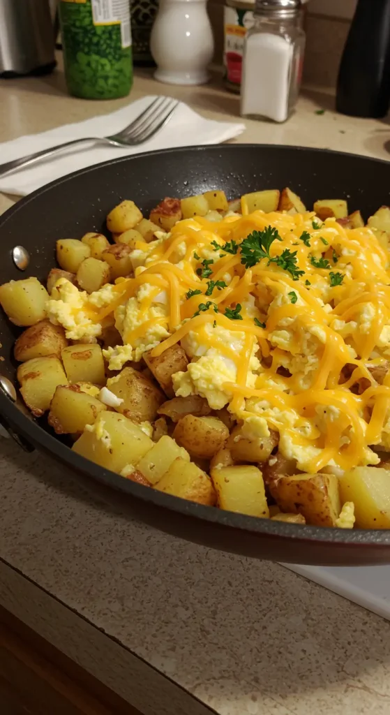Cheesy Potato Egg Scramble with crispy potatoes, creamy eggs, and melted cheddar in a skillet – easy breakfast recipe.