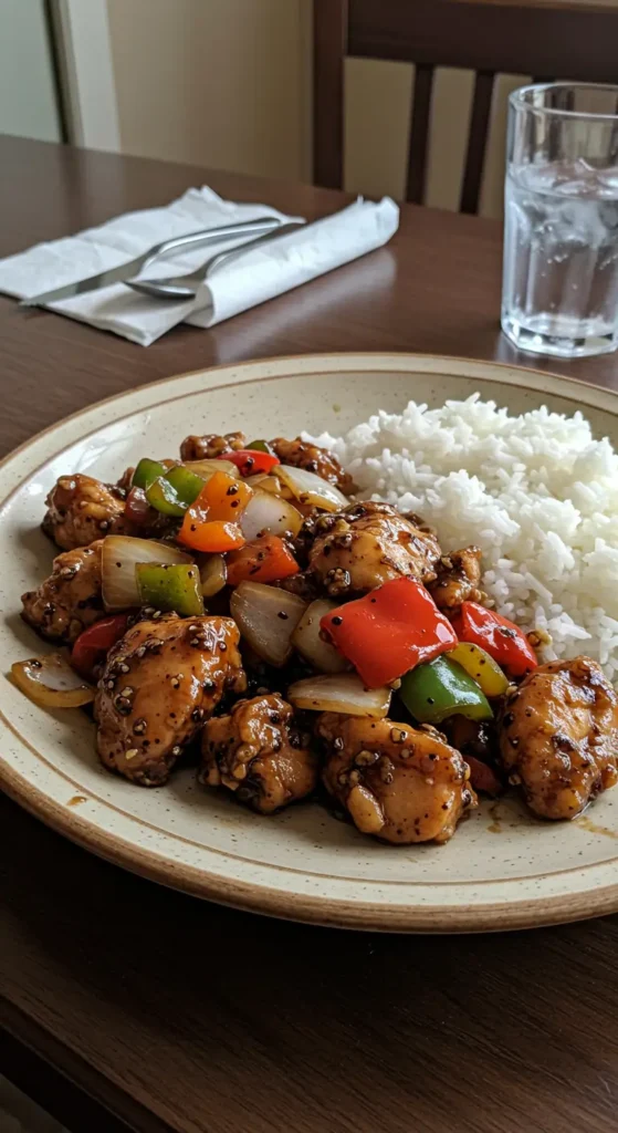 Black Pepper Chicken stir-fry served with rice and vegetables