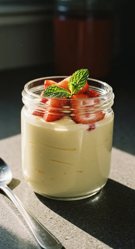 Glass jar filled with creamy Vanilla Pudding Mousse