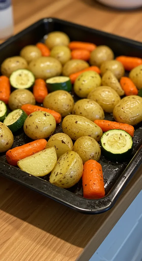 Garlic Herb Roasted Potatoes Carrots and Zucchini on a sheet pan, golden and crispy
