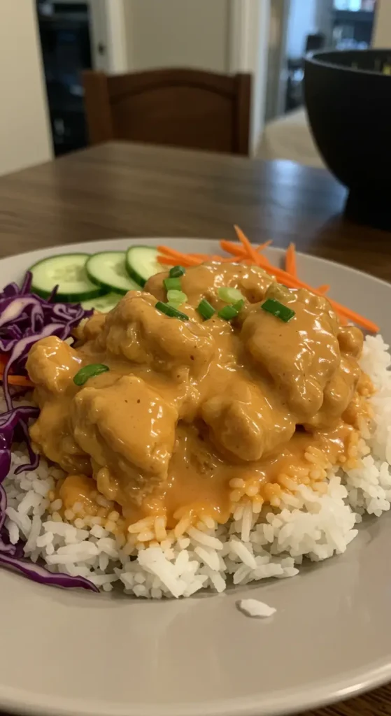 Spicy Bang Bang Chicken Bowl with rice, veggies, and creamy sauce
