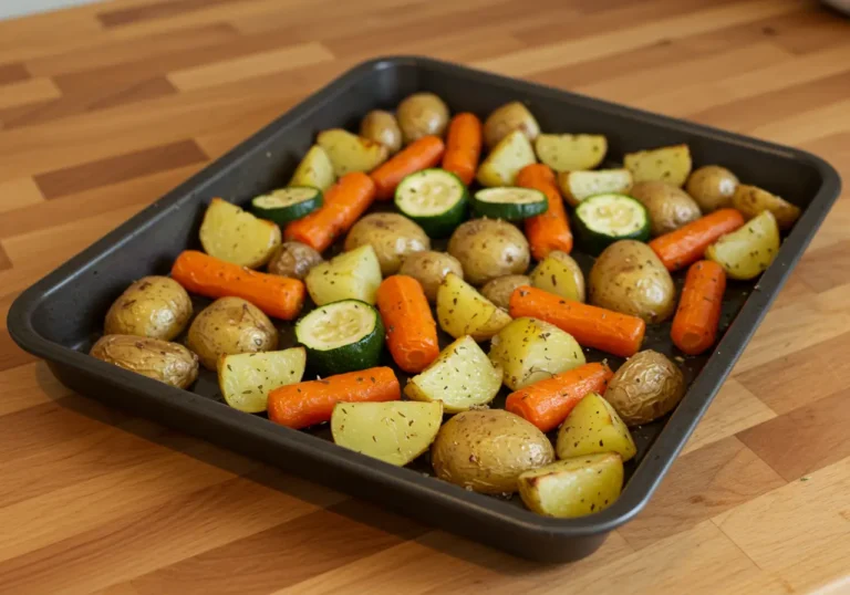 Garlic Herb Roasted Potatoes Carrots and Zucchini on a sheet pan, golden and crispy