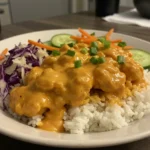 Spicy Bang Bang Chicken Bowl with rice, veggies, and creamy sauce