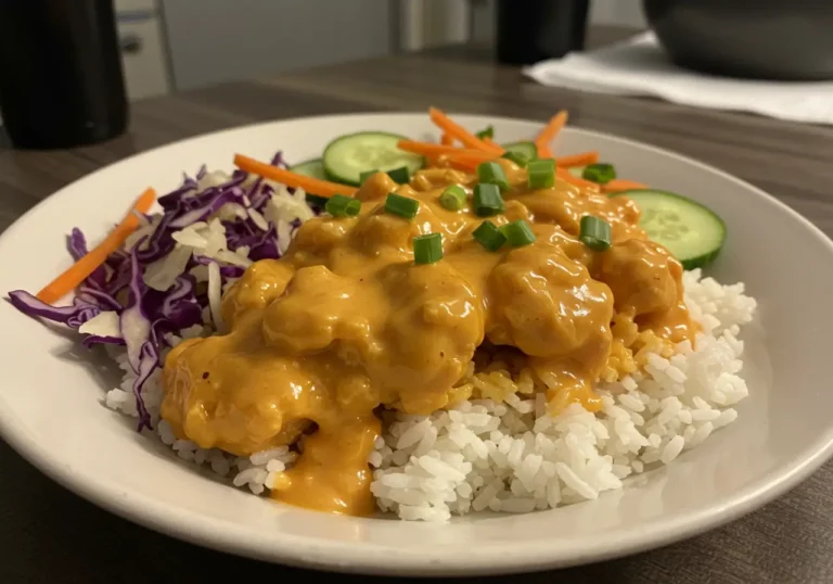 Spicy Bang Bang Chicken Bowl with rice, veggies, and creamy sauce