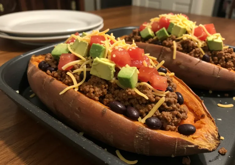 Taco stuffed sweet potatoes topped with avocado, salsa, and fresh cilantro