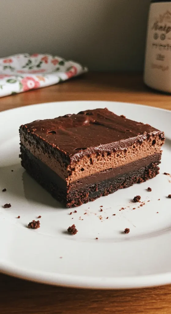 Chocolate Mousse Brownies with layered mousse and ganache on a white plate.