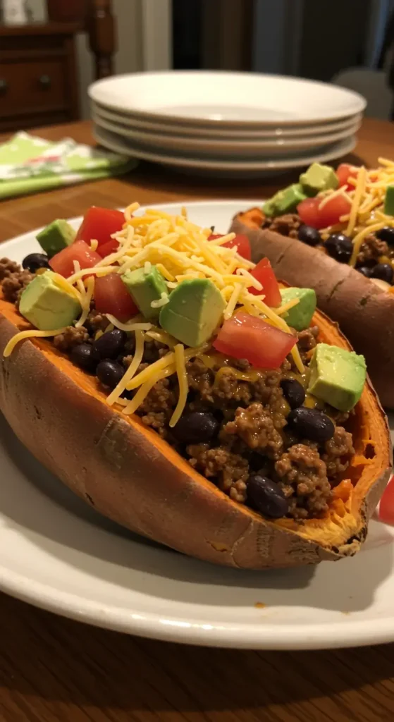 Taco stuffed sweet potatoes topped with avocado, salsa, and fresh cilantro