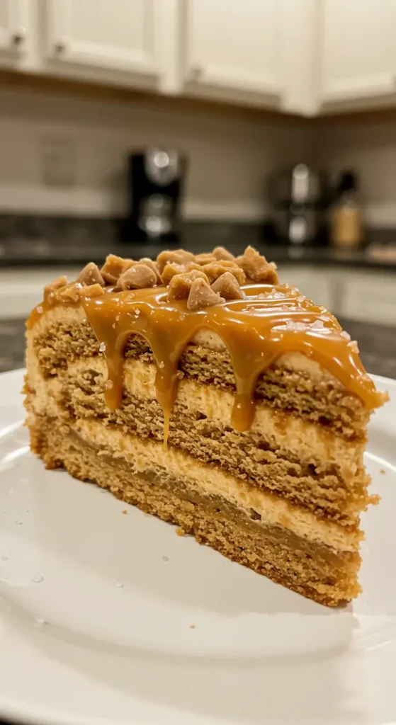 Layered Caramel Toffee Crunch Cake topped with toffee bits and caramel drizzle