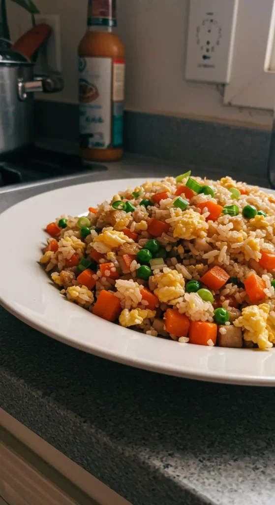 Homemade fried rice recipe served in a ceramic bowl with vegetables and eggs
