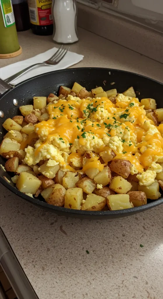 Cheesy Potato Egg Scramble with crispy potatoes, creamy eggs, and melted cheddar in a skillet – easy breakfast recipe.