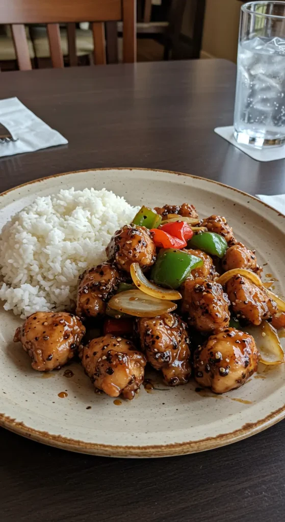 Black Pepper Chicken stir-fry served with rice and vegetables
