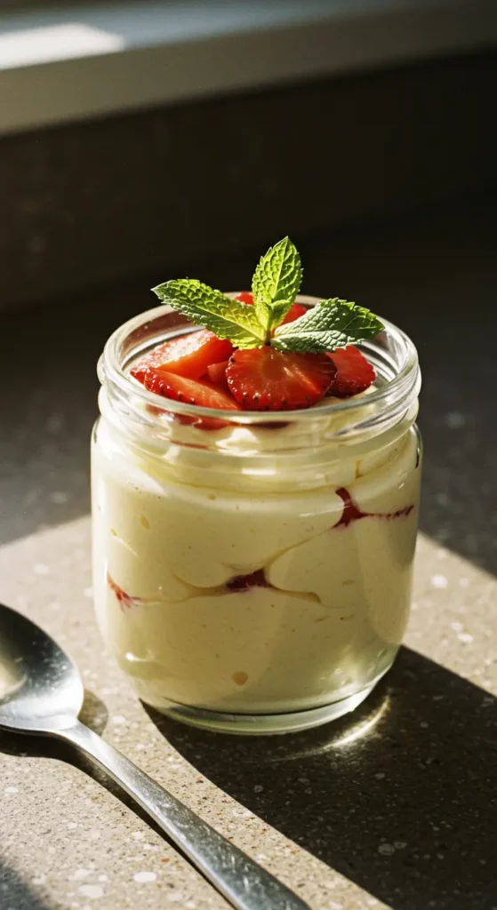 Glass jar filled with creamy Vanilla Pudding Mousse