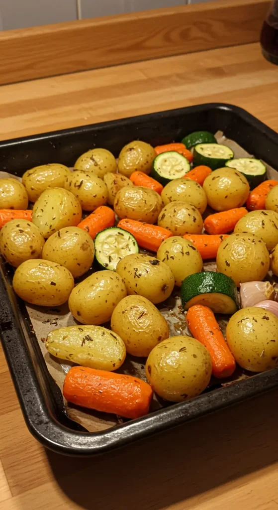 Garlic Herb Roasted Potatoes Carrots and Zucchini on a sheet pan, golden and crispy