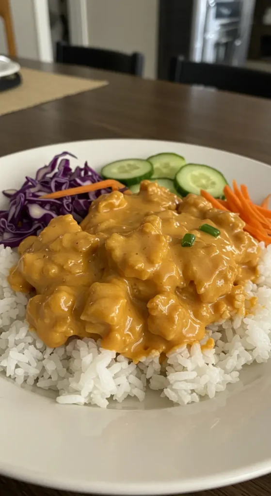 Spicy Bang Bang Chicken Bowl with rice, veggies, and creamy sauce