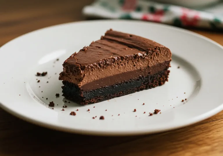 Chocolate Mousse Brownies with layered mousse and ganache on a white plate.