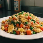 Homemade fried rice recipe served in a ceramic bowl with vegetables and eggs