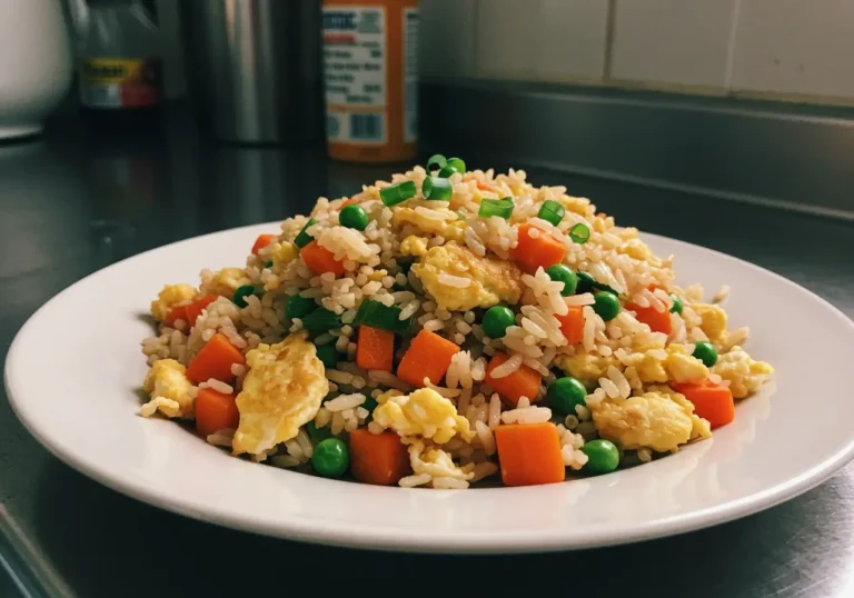 Homemade fried rice recipe served in a ceramic bowl with vegetables and eggs