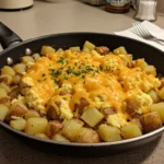 Cheesy Potato Egg Scramble with crispy potatoes, creamy eggs, and melted cheddar in a skillet – easy breakfast recipe.