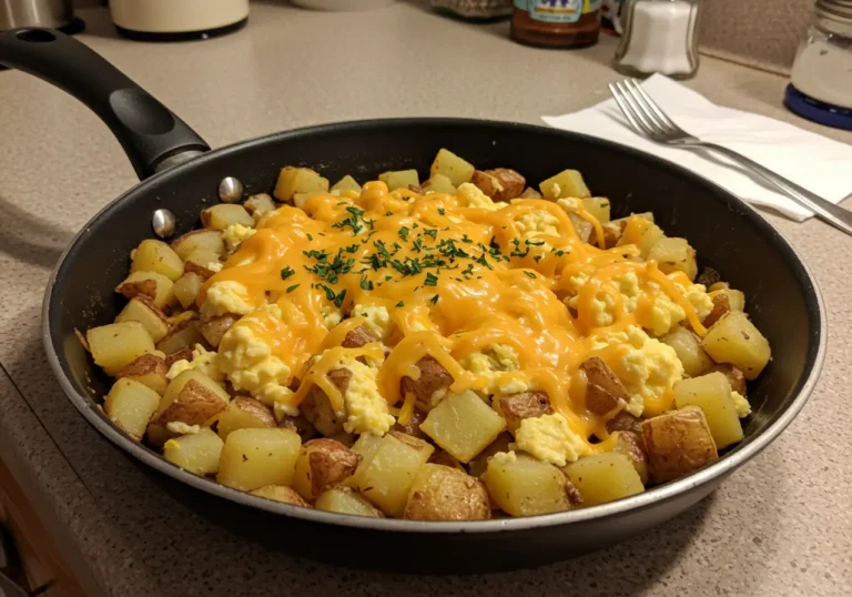 Cheesy Potato Egg Scramble with crispy potatoes, creamy eggs, and melted cheddar in a skillet – easy breakfast recipe.