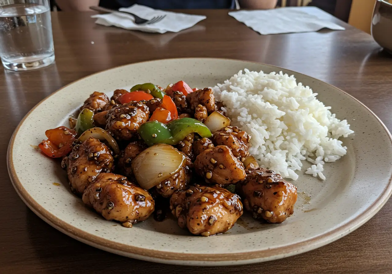 Black Pepper Chicken stir-fry served with rice and vegetables