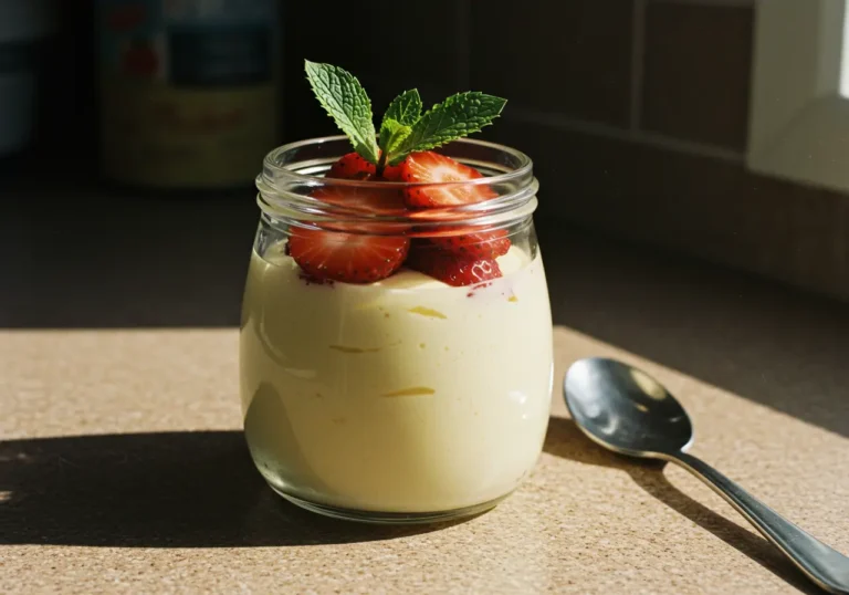 Glass jar filled with creamy Vanilla Pudding Mousse
