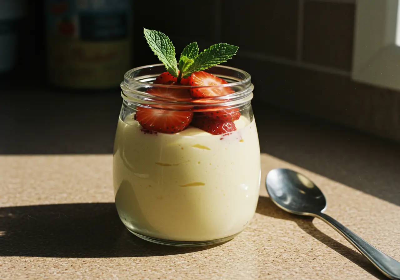 Glass jar filled with creamy Vanilla Pudding Mousse