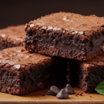 A stack of perfectly cut fudgy brownies with a crackly top, dusted lightly with powdered sugar.