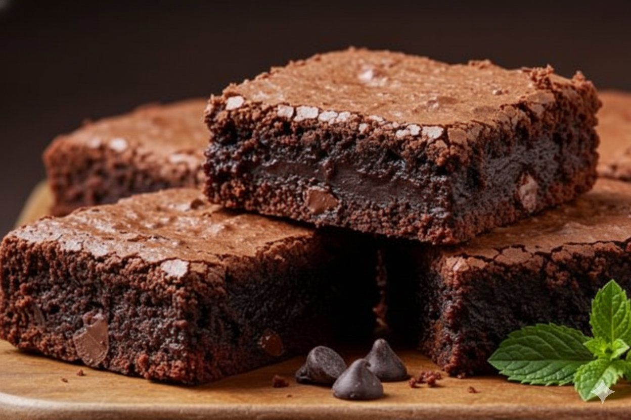 A stack of perfectly cut fudgy brownies with a crackly top, dusted lightly with powdered sugar.
