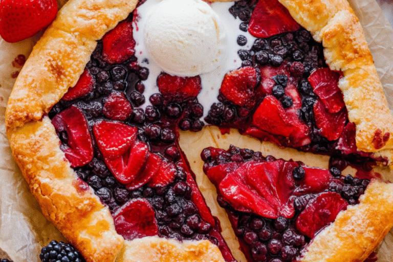 A beautifully baked Sourdough Discard Strawberry Galette, golden brown with vibrant strawberries peeking through.