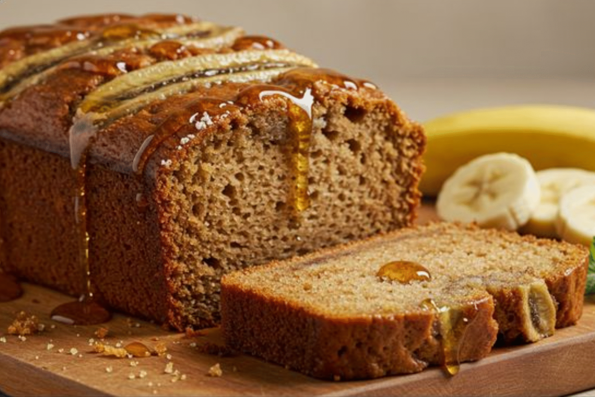 A perfectly sliced loaf of golden brown Brown Sugar Banana Bread on a wooden cutting board.