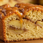 A golden-brown Caramel Apple Bread Pudding in a baking dish, fresh from the oven, with caramel sauce drizzled over the top.
