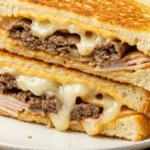 Golden-brown Cheddar Beef Turkey Melt, perfectly grilled with melted cheese oozing out.