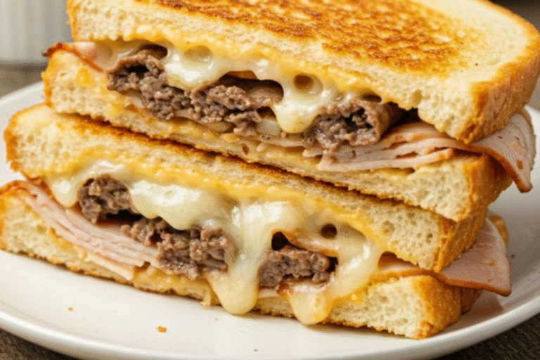 Golden-brown Cheddar Beef Turkey Melt, perfectly grilled with melted cheese oozing out.