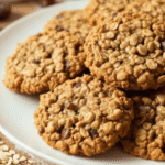 A stack of golden brown sugar-free oat cookies on a rustic wooden board, garnished with a sprinkle of rolled oats.