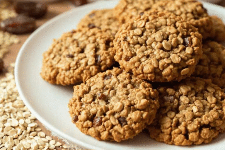 A stack of golden brown sugar-free oat cookies on a rustic wooden board, garnished with a sprinkle of rolled oats.