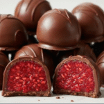 A close-up shot of decadent raspberry truffles dusted with cocoa powder.