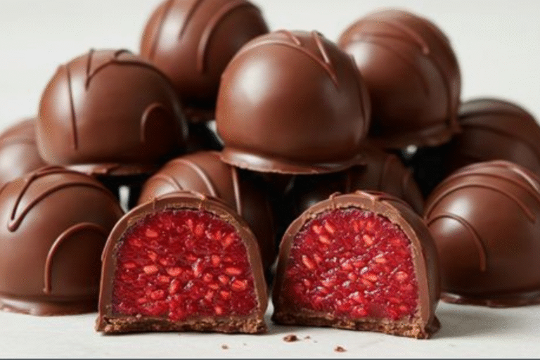 A close-up shot of decadent raspberry truffles dusted with cocoa powder.