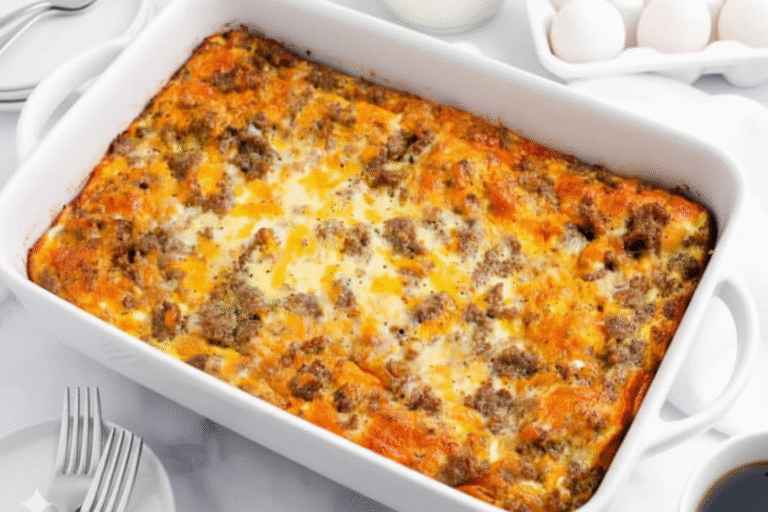 A golden-brown Egg Sausage Crescent Roll Casserole fresh from the oven, showing flaky crust and cheesy topping.