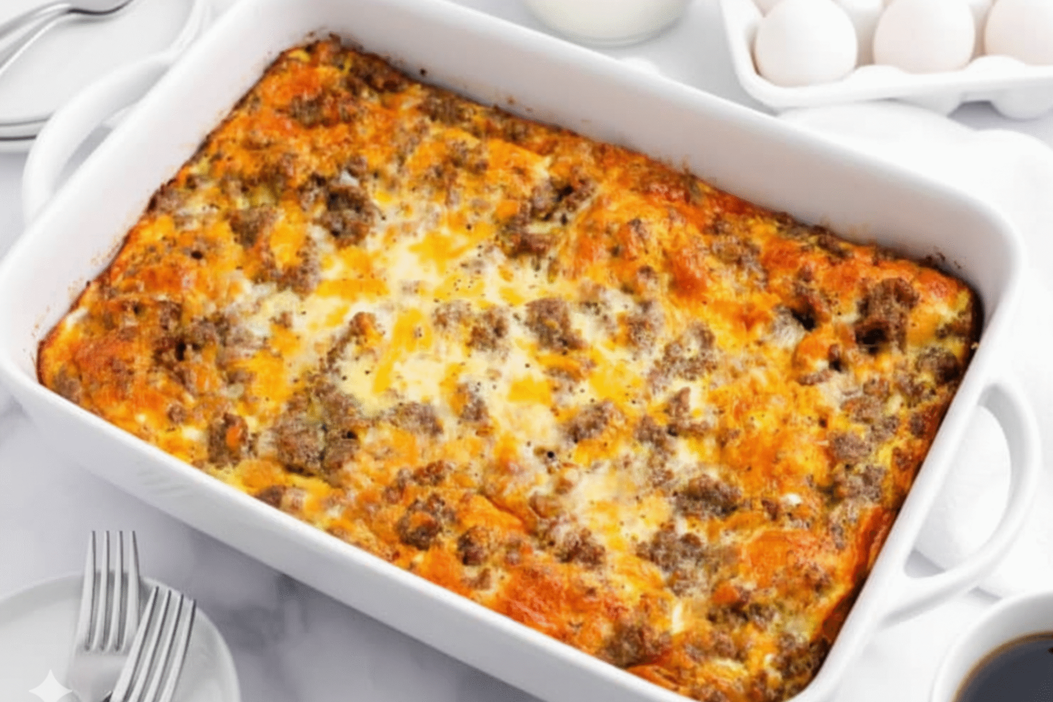 A golden-brown Egg Sausage Crescent Roll Casserole fresh from the oven, showing flaky crust and cheesy topping.