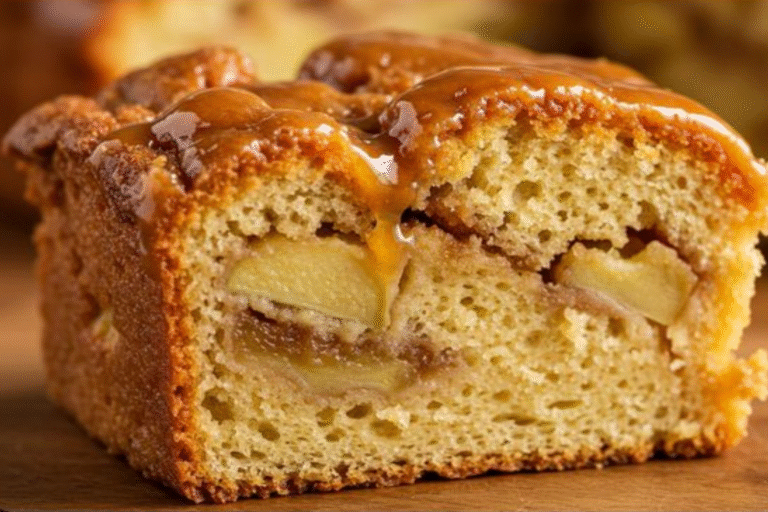 A golden-brown Caramel Apple Bread Pudding in a baking dish, fresh from the oven, with caramel sauce drizzled over the top.
