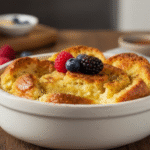 A freshly baked tray of golden brown Easiest Ever Bread Pudding, garnished with powdered sugar.