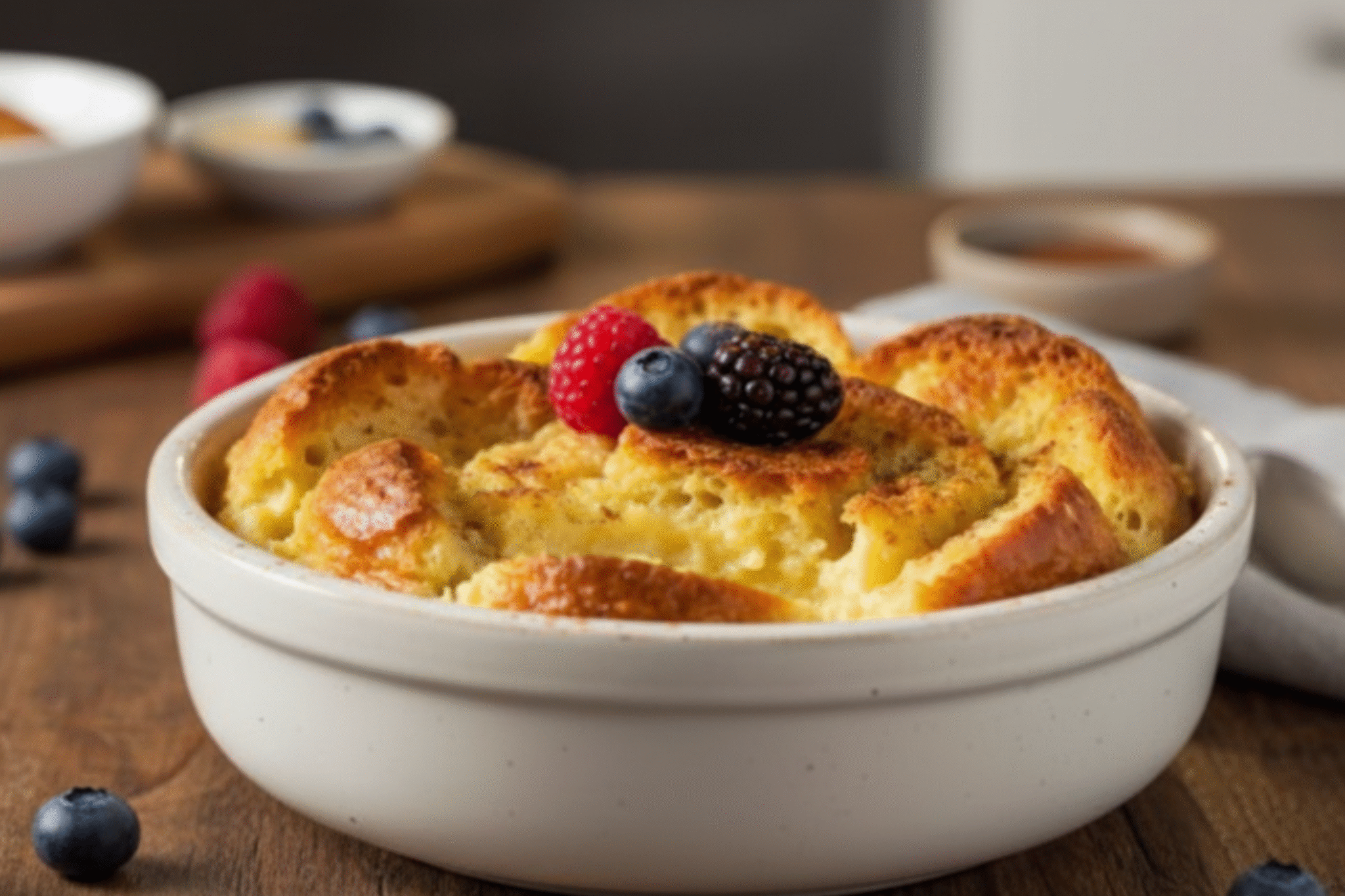 A freshly baked tray of golden brown Easiest Ever Bread Pudding, garnished with powdered sugar.