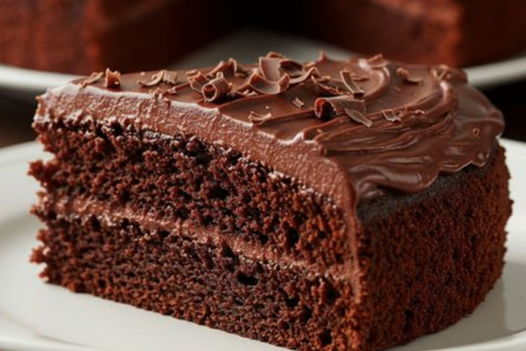 A beautifully frosted slice of moist Easy Chocolate Cake on a white plate, ready to be enjoyed.