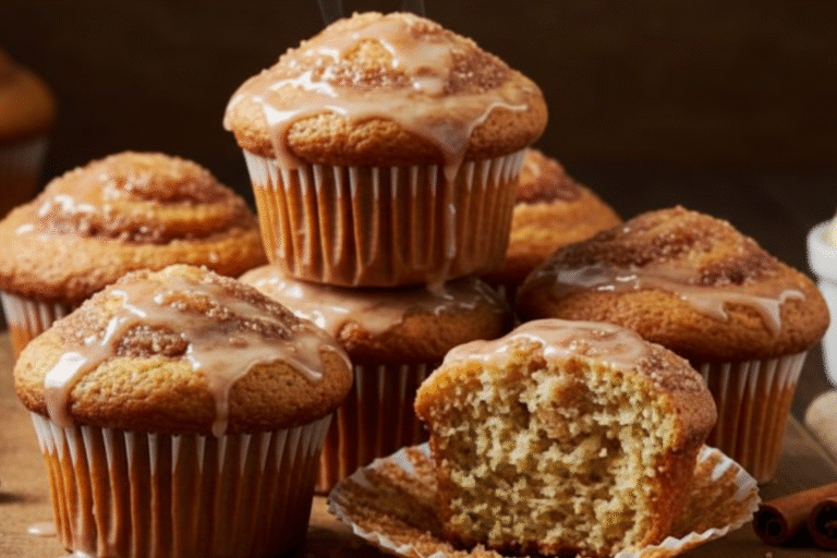 A batch of golden-brown Cinnamon Roll Muffins cooling on a wire rack, steam gently rising.