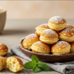 A plate of freshly made Poffertjes dusted generously with powdered sugar and a knob of butter melting on top, with a fork ready to serve.