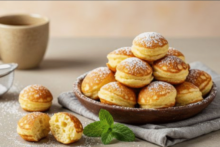 A plate of freshly made Poffertjes dusted generously with powdered sugar and a knob of butter melting on top, with a fork ready to serve.