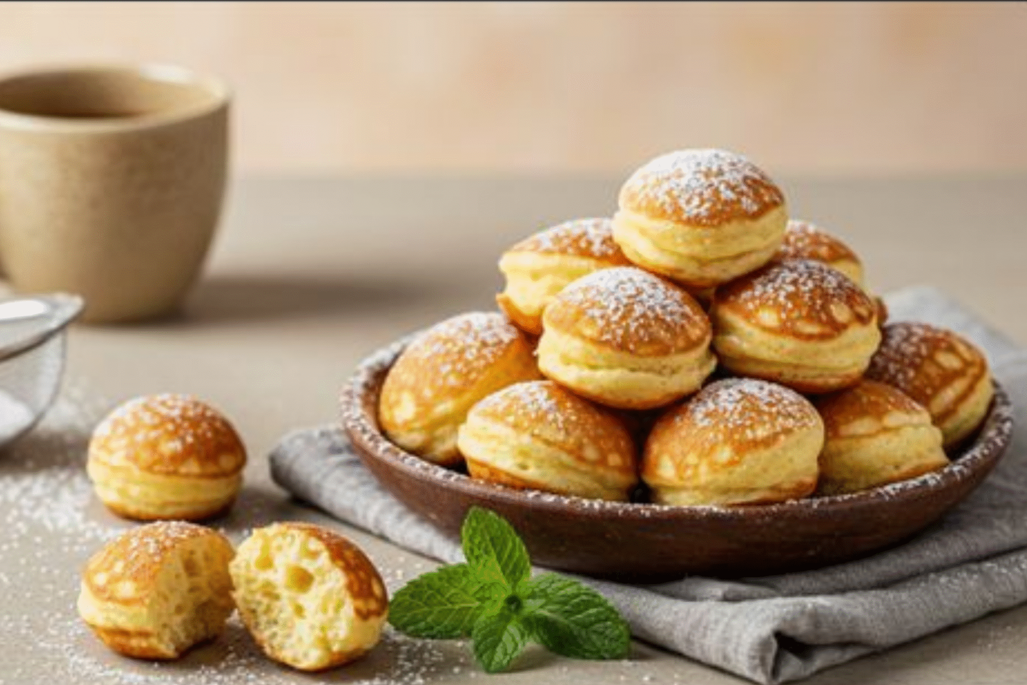 A plate of freshly made Poffertjes dusted generously with powdered sugar and a knob of butter melting on top, with a fork ready to serve.