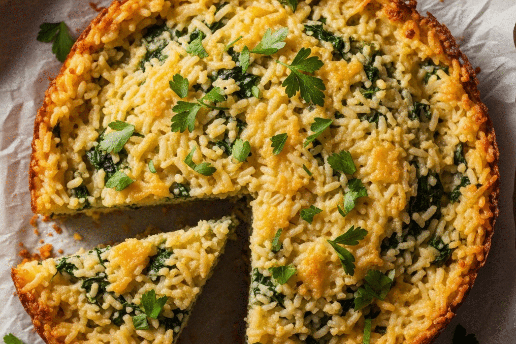 A golden-brown Spinach Parmesan Rice Bake fresh out of the oven, garnished with fresh parsley.