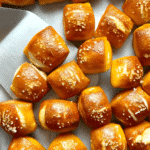 A close-up shot of golden-brown Soft Pretzel Bites arranged on a serving platter with various dipping sauces.