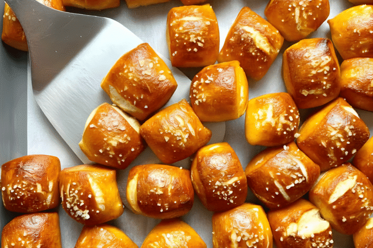 A close-up shot of golden-brown Soft Pretzel Bites arranged on a serving platter with various dipping sauces.